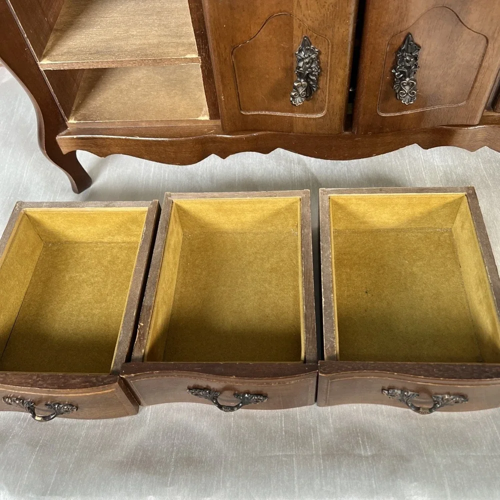 Large Vintage French Provincial  Musical Jewelry‎ Box 1970s 9 Drawers